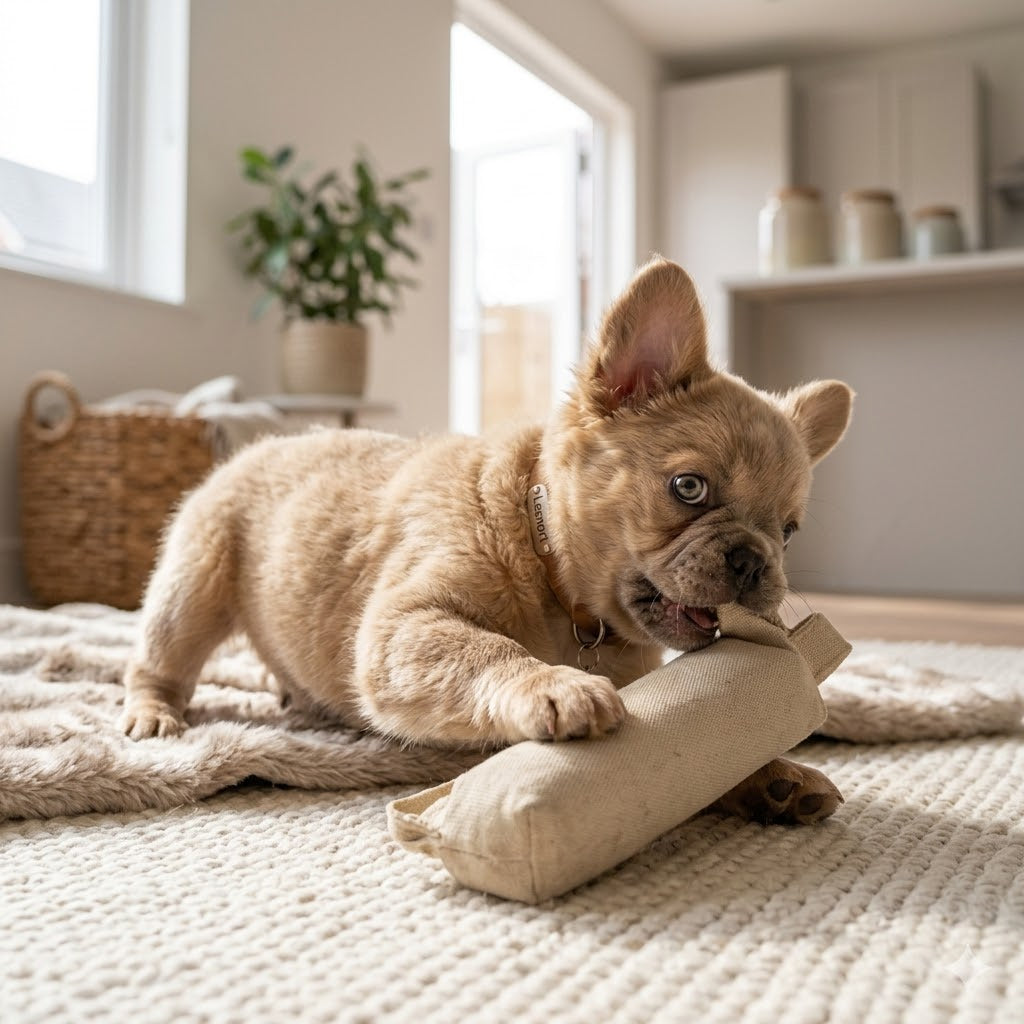 A 1:1 photograph captures a highly fluffy, fuzzy, fawn-colored French Bulldog puppy mid-play on a textured cream rug in a warm, cozy indoor living room and kitchen setting.