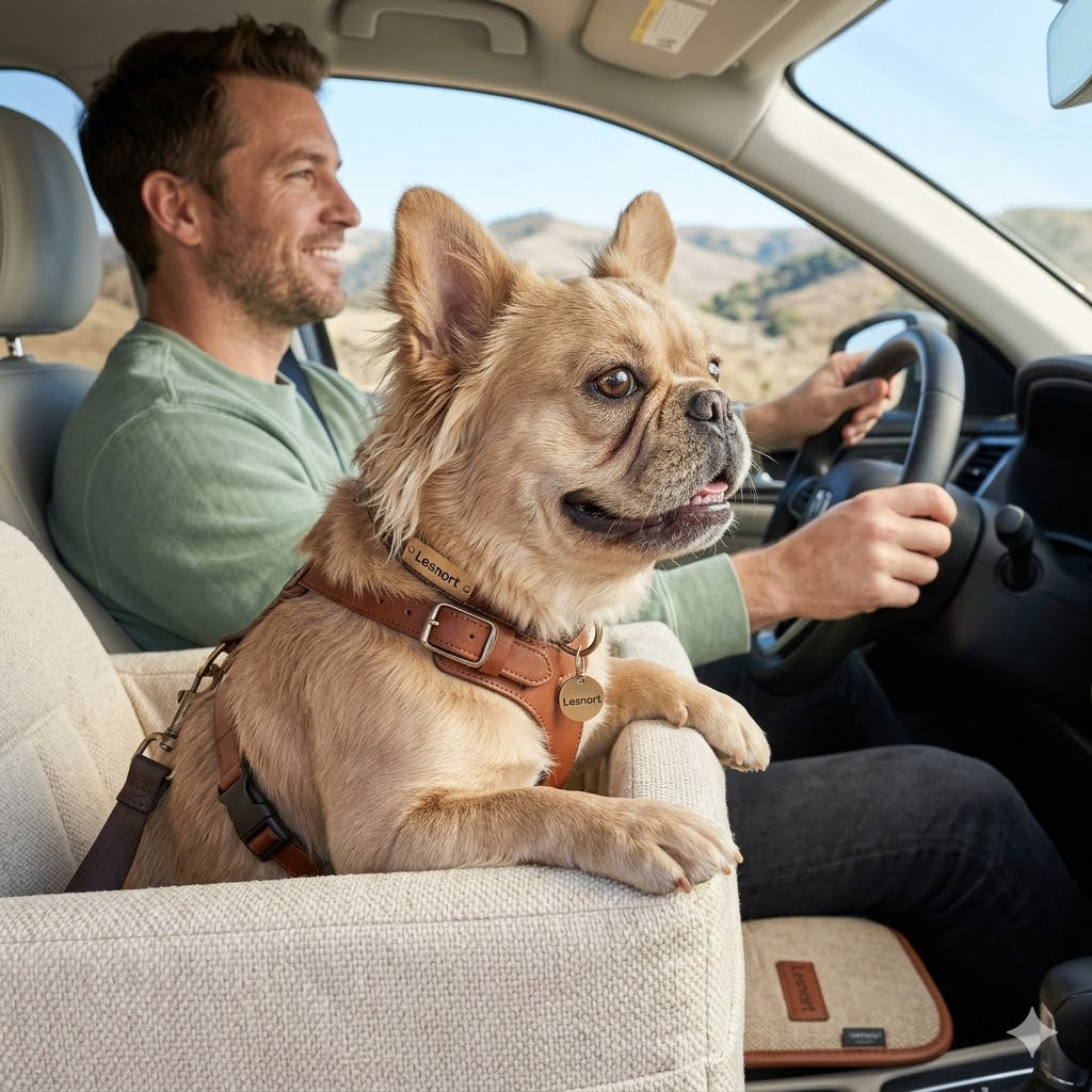A 1:1 photograph captures a very fluffy, long-haired French Bulldog puppy, named "Snort", with its paws up on the edge of a custom car seat booster, looking happily out the passenger window as the vehicle moves.