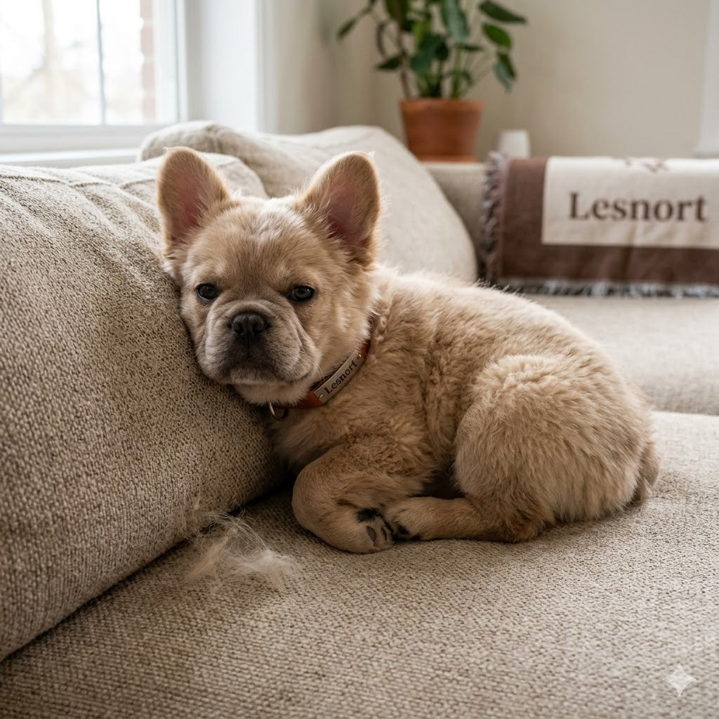A 1:1 photograph in natural daylight captures a highly fluffy, fuzzy fawn French Bulldog puppy resting on a textured woven cotton couch. A small amount of its very fluffy fur is visible on the couch surface.