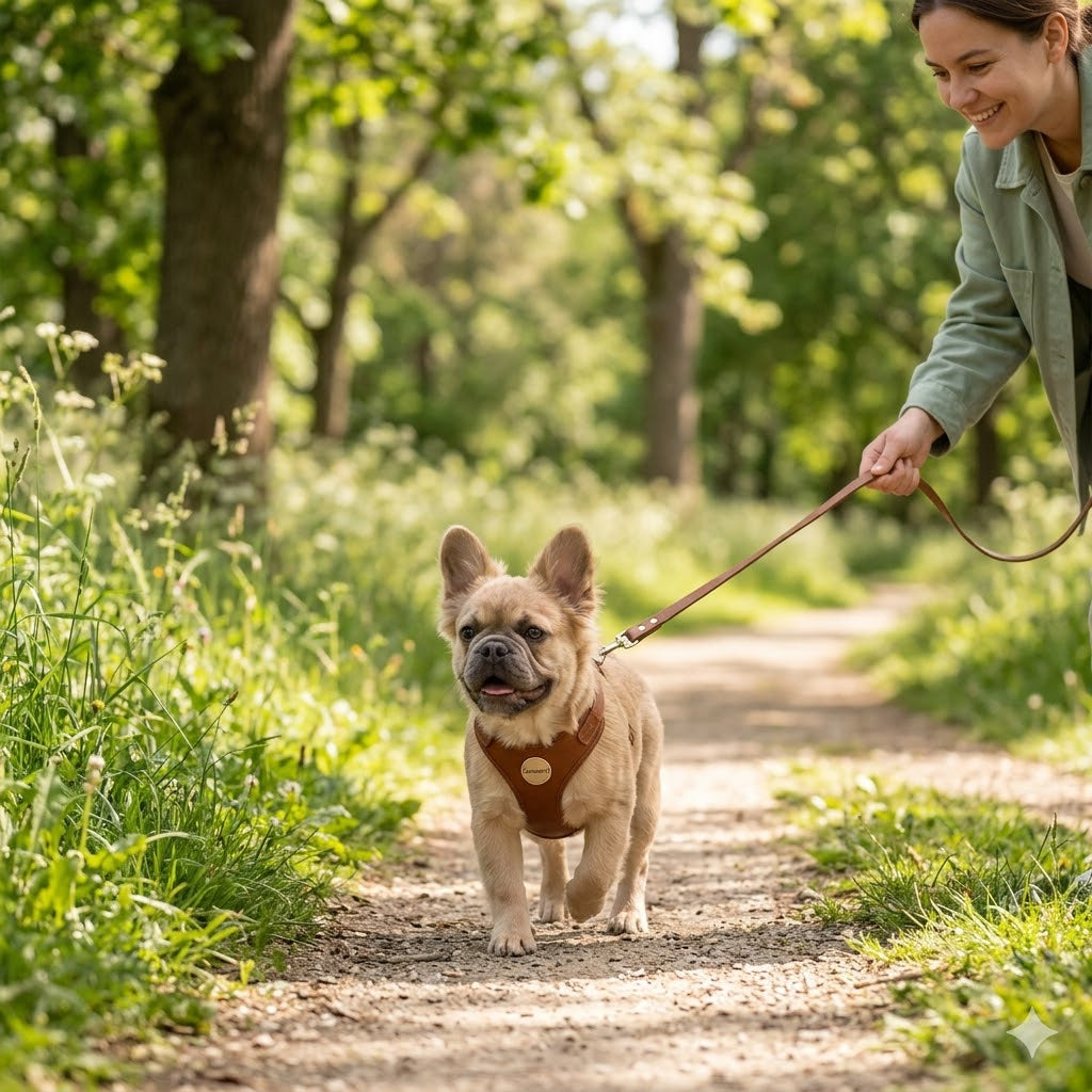 A 1:1 photograph in natural daylight captures a happy, long-haired fawn French Bulldog puppy on a walk along a sun-dappled park path.