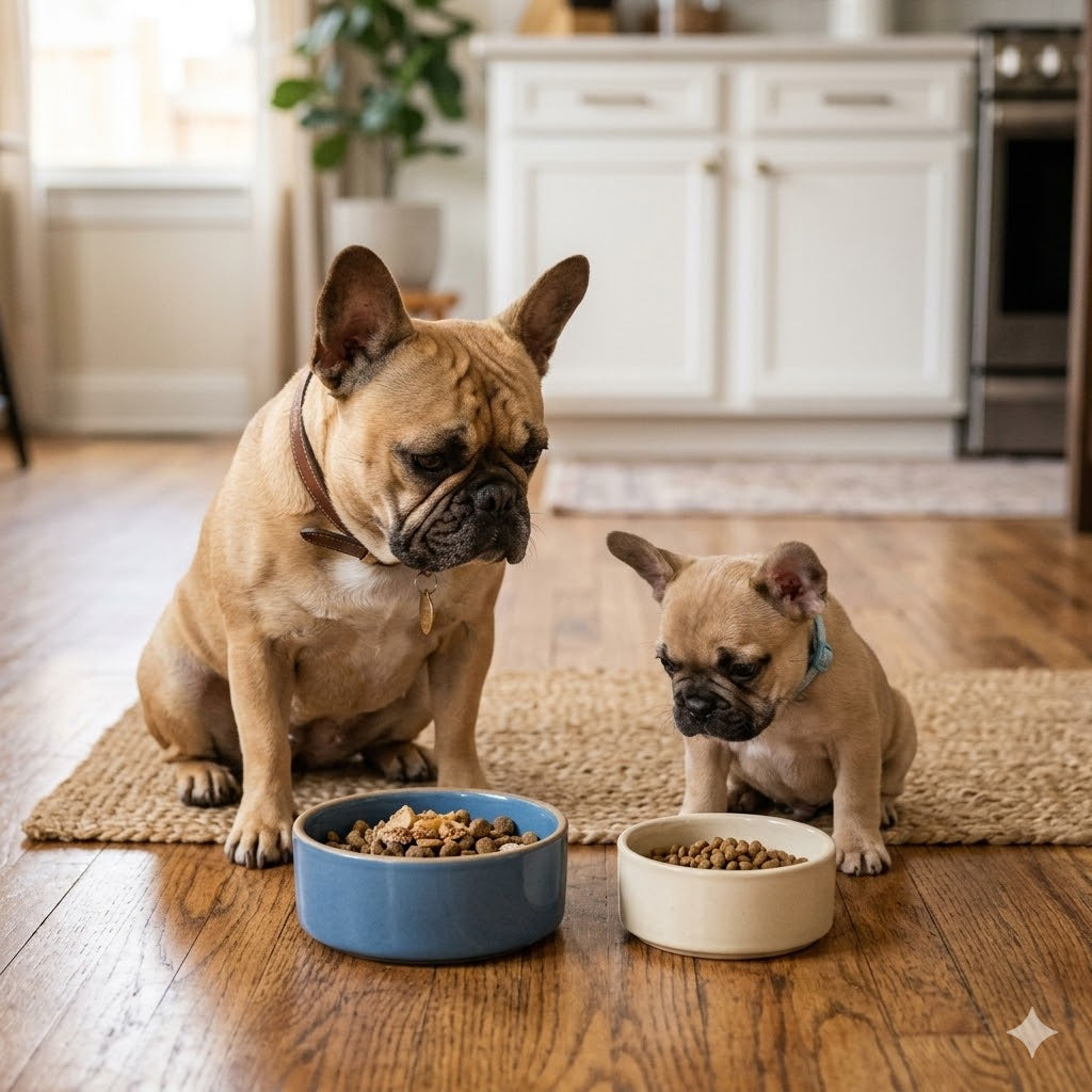 An adult fawn French Bulldog wearing a leather collar and a tiny fawn French Bulldog puppy with a blue collar are sitting on a textured mat in a kitchen