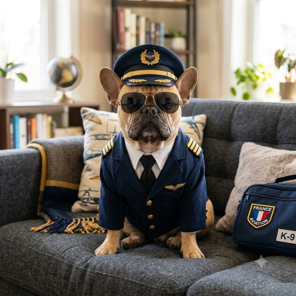 A close-up photograph of a French Bulldog wearing a full airline pilot's uniform, including a cap and aviator sunglasses, sitting comfortably on a dark grey fabric couch.
