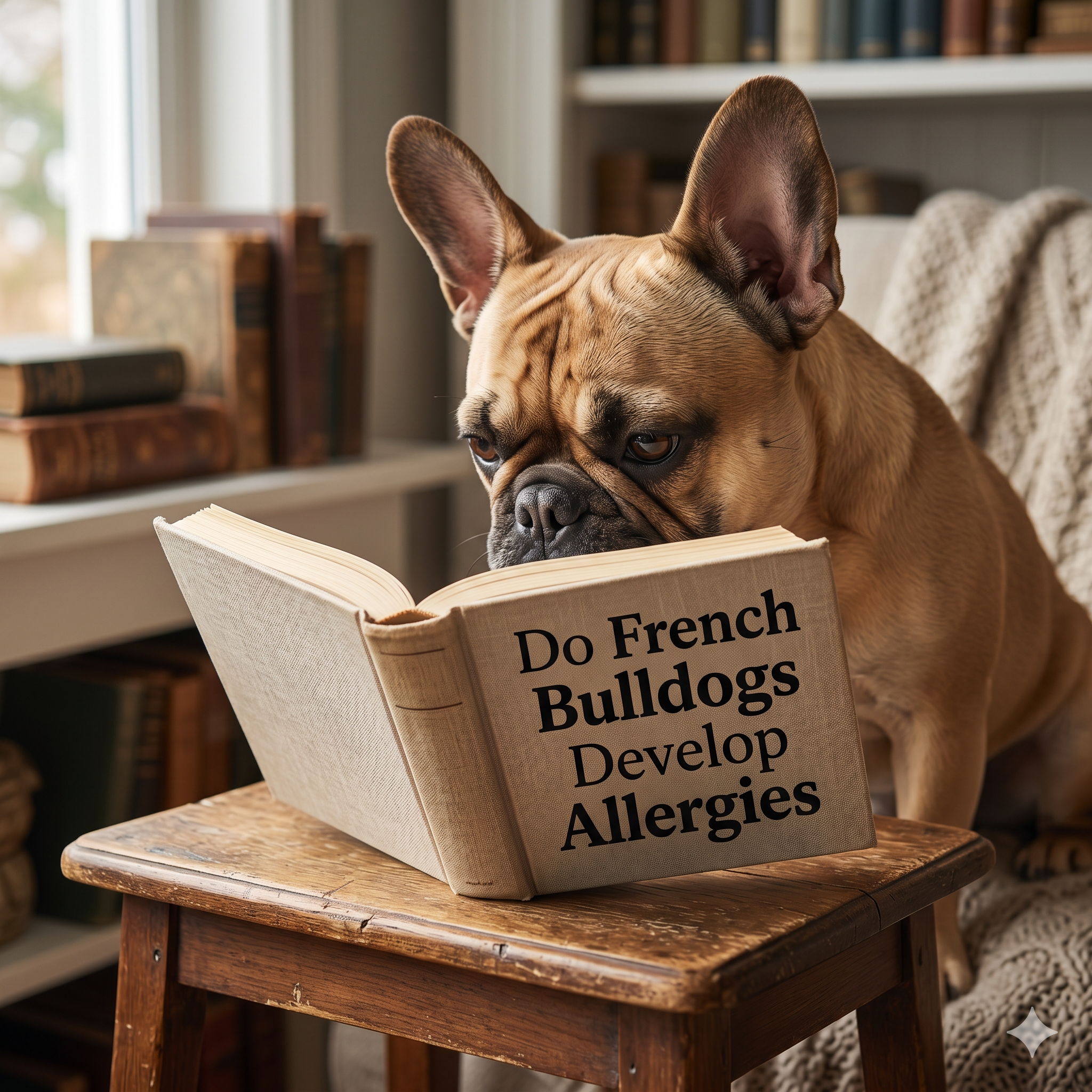 A curious fawn French Bulldog, with large erect ears and a thoughtful expression, looking down intently at an open hardcover book titled 'Do French Bulldogs Develop Allergies' resting on a small, worn wooden side table.