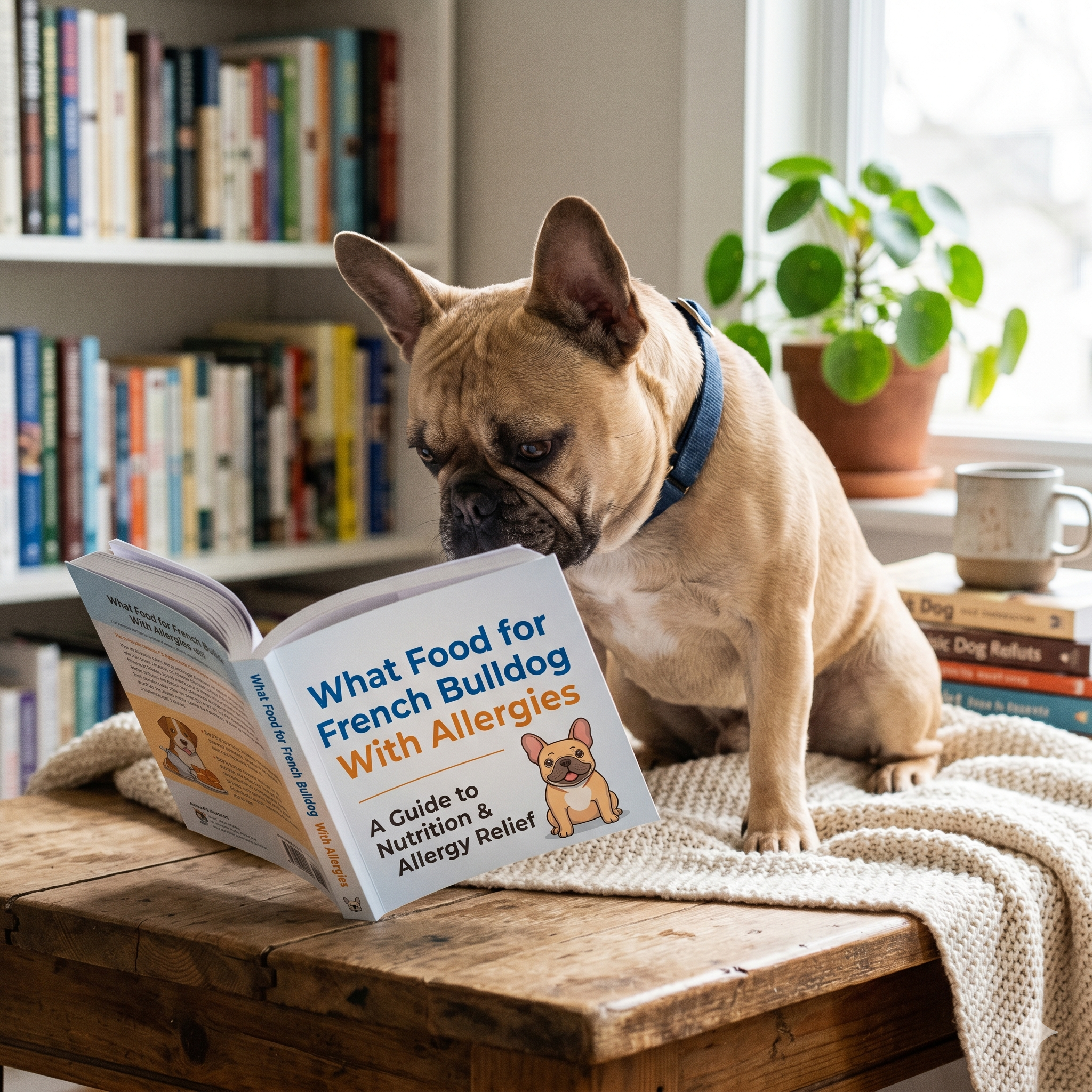 A fawn French Bulldog seated comfortably on a knitted blanket, looking down with curiosity at an open paperback book resting on a wooden coffee table. The book cover prominently displays the title: 'What Food for French Bulldog With Allergies'