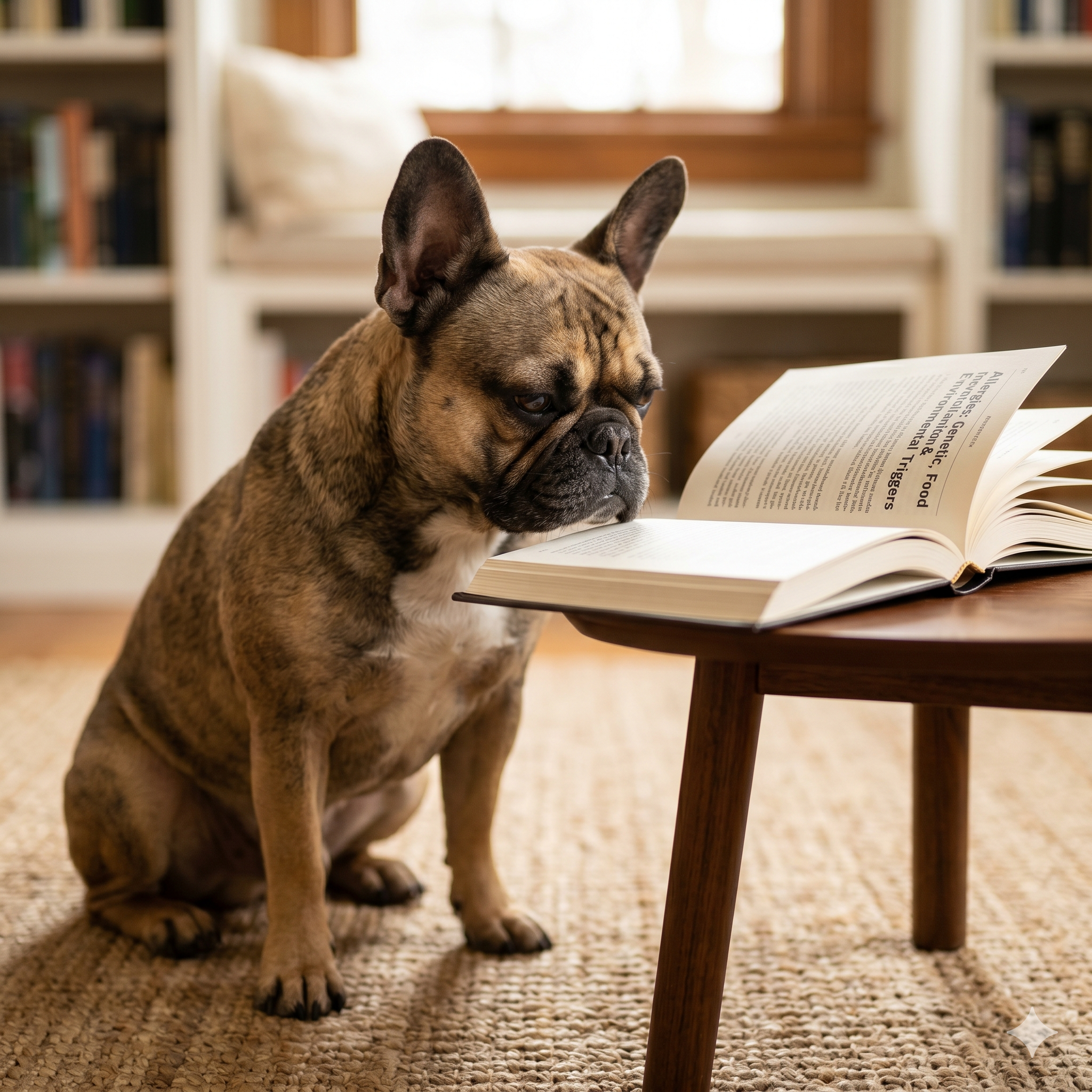 A close-up photograph of a fawn and brindle French Bulldog looking intently at an open hardcover book titled 'Allergies: Genetic, Food & Environmental Triggers' resting on a wooden table.