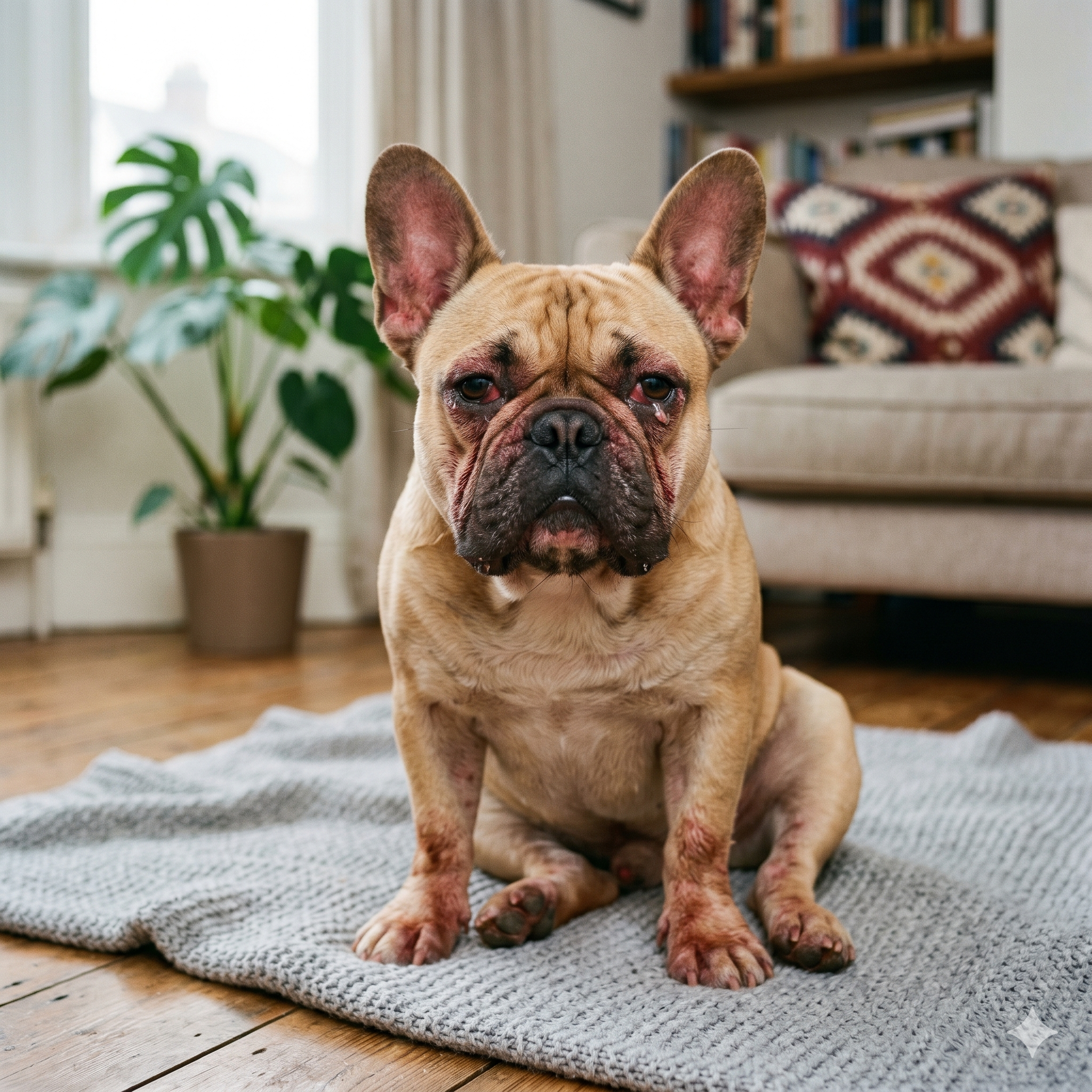 A candid square photograph capturing a fawn French Bulldog seated on a grey knitted blanket, exhibiting visible signs of allergies. The dog has a weary, miserable expression with red, watery eyes.
