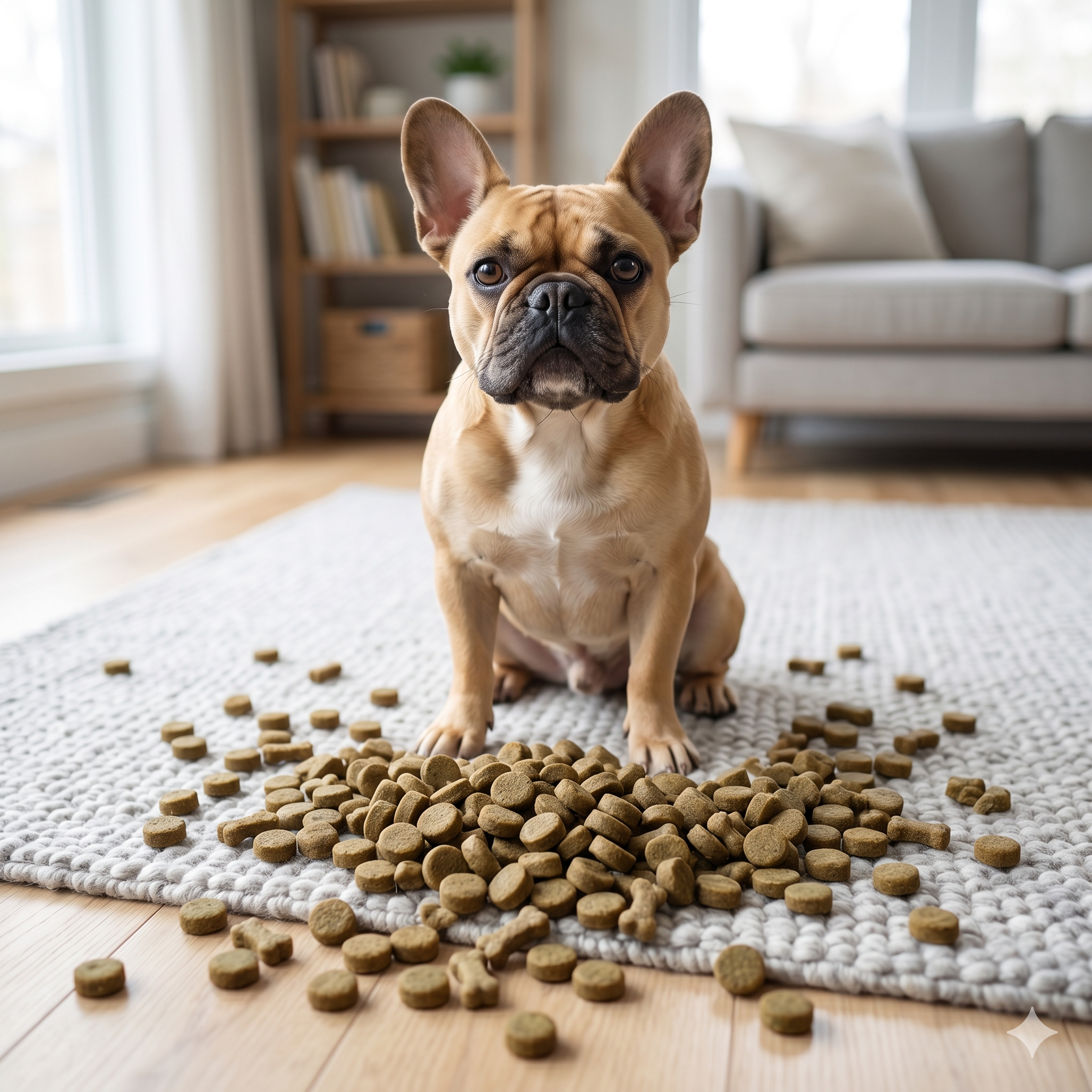 A fawn French bulldog sits on a textured grey rug, looking directly at a large, scattered pile of brownish allergy chews strewn across the floor in front of her.