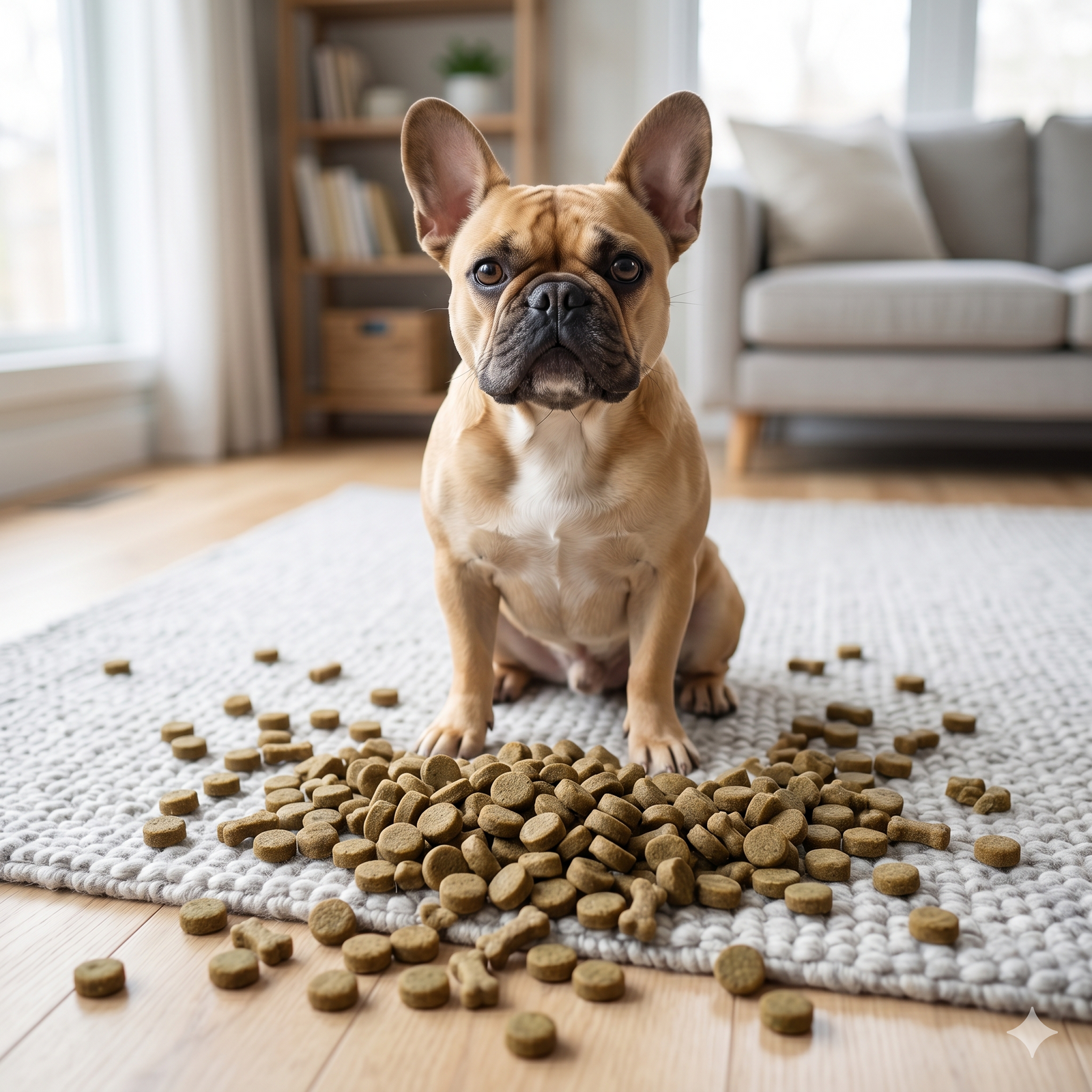 A fawn French bulldog sits on a textured grey rug, looking directly at a large, scattered pile of brownish allergy chews strewn across the floor in front of her.
