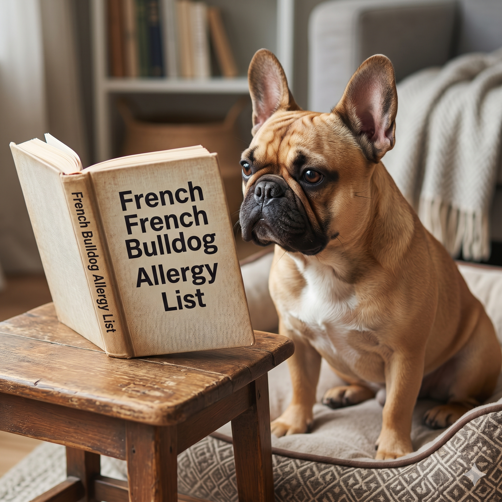 A close-up, natural photograph of a curious fawn French Bulldog, seated on a patterned dog bed, with its gaze fixed on an open hardcover book titled 'French Bulldog Allergy List' which is resting on a small, worn wooden side table.
