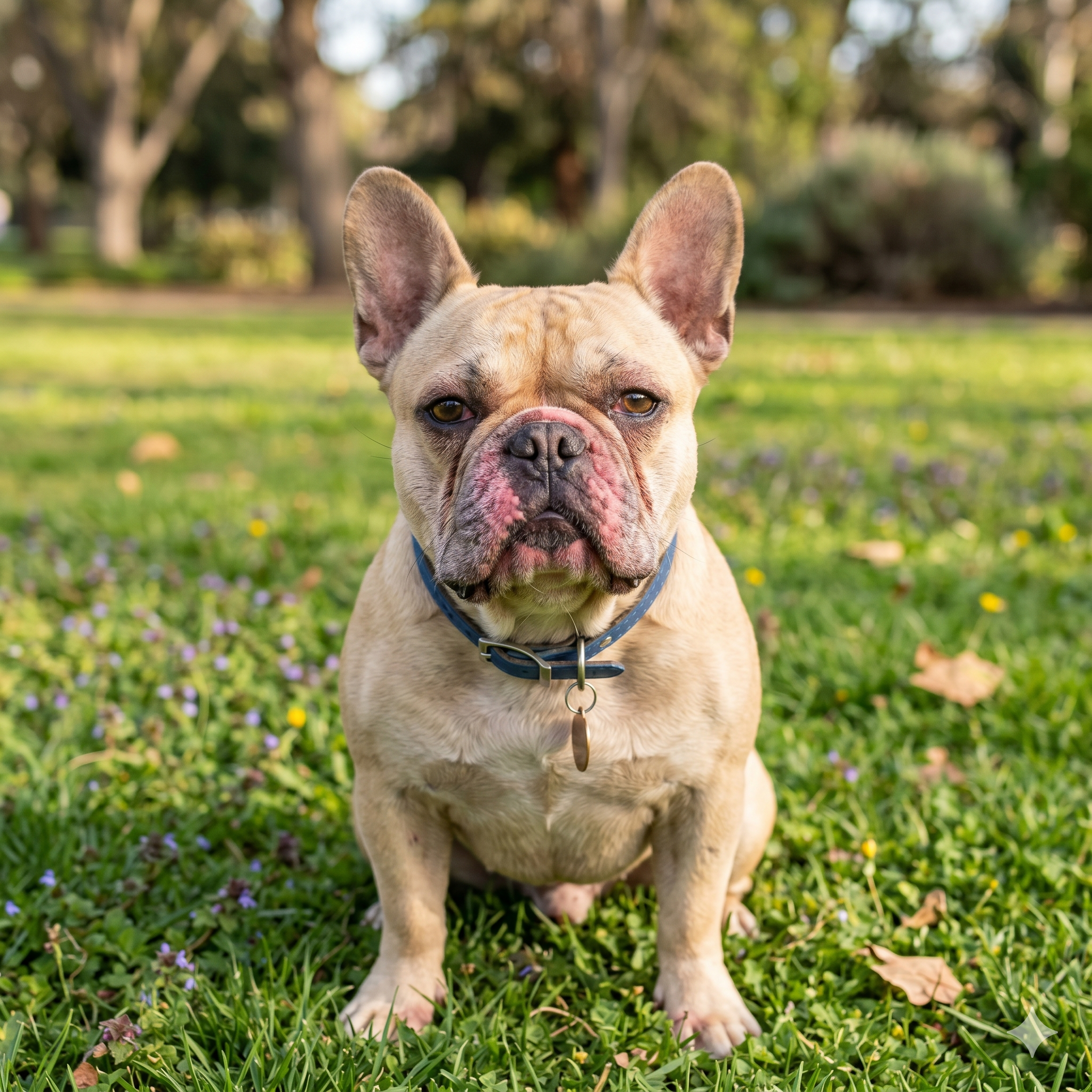 A square, close-up photograph of a fawn French Bulldog sitting outside on a grassy lawn. The dog exhibits visible physical symptoms of environmental allergies, including reddened, inflamed skin.