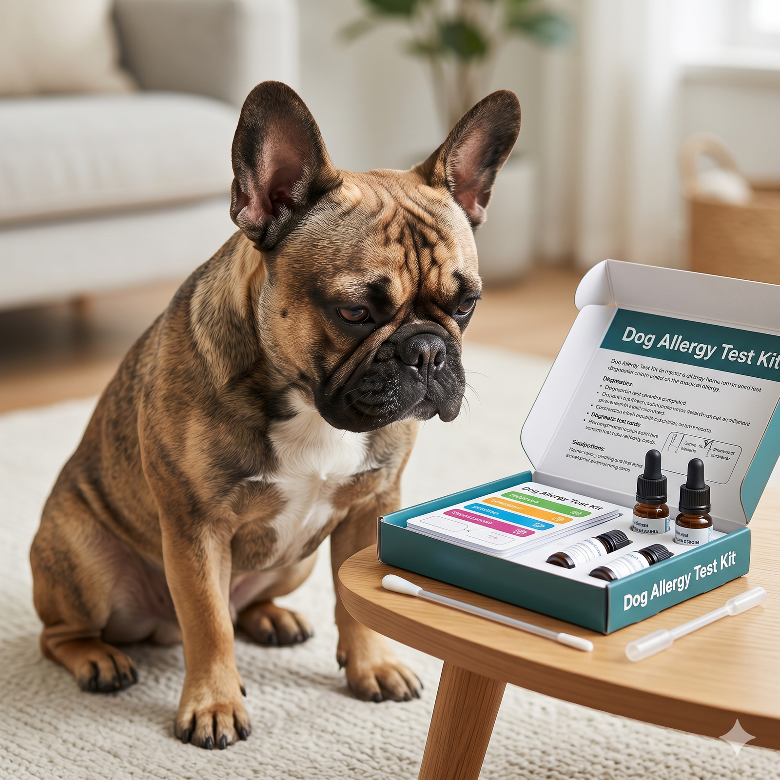 A fawn and brindle French Bulldog looking curiously at an open home pet allergy test kit, with diagnostic cards, small bottles, and a swabbing tool visible.