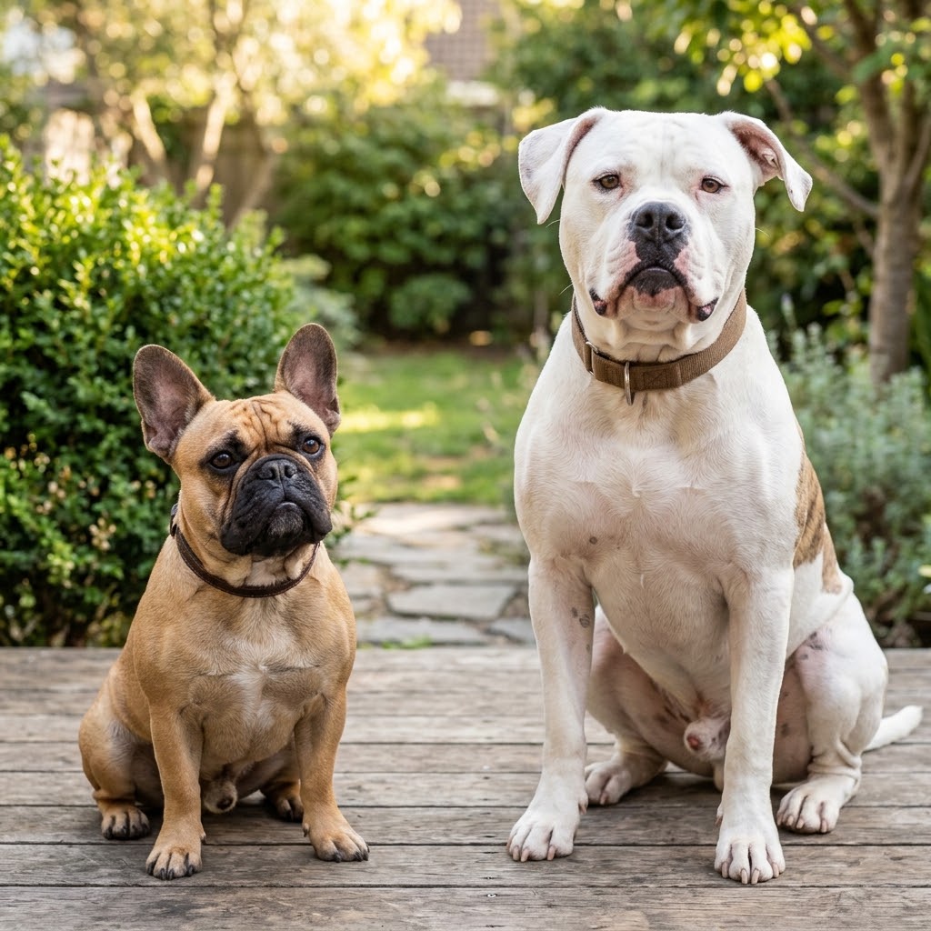 A candid, square photograph of a fawn-colored French Bulldog with erect ears sitting side-by-side with a larger, white-and-brindle patched American Bulldog on a wooden deck in a sunlit garden setting.