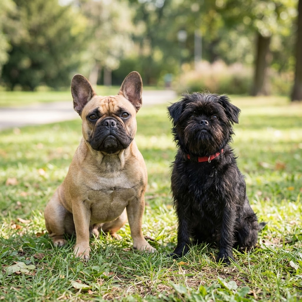 A 1:1 square photograph of a fawn-colored French Bulldog sitting on the left and a black, wiry-haired Affenpinscher sitting on the right.