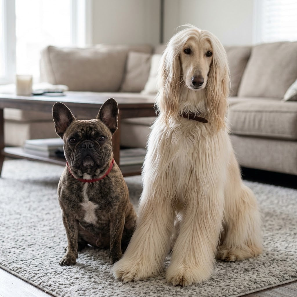 A square photograph of a brindle French Bulldog with a red collar sitting calmly next to an elegant, cream-colored Afghan Hound with a long, flowing coat on a textured rug in a cozy living room.