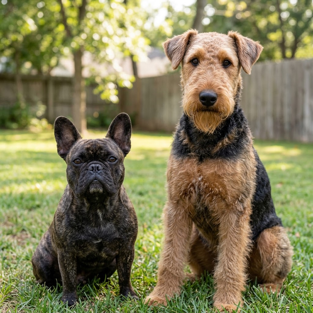A brindle French Bulldog with erect "bat ears" and a larger Airedale Terrier with a tan and black wiry coat sitting side-by-side.