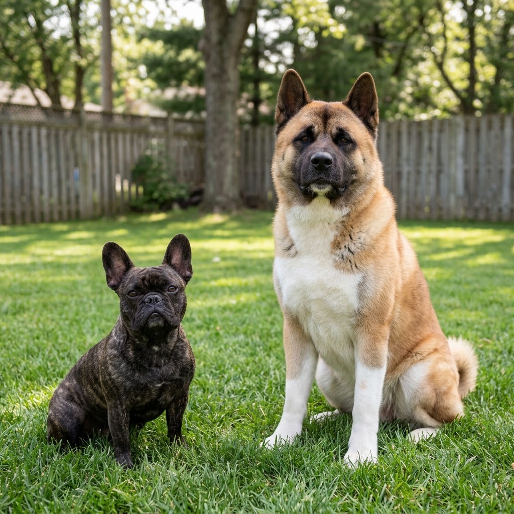 A brindle French Bulldog with erect "bat ears" and a much larger Akita with a thick fawn and white coat and a dark muzzle.