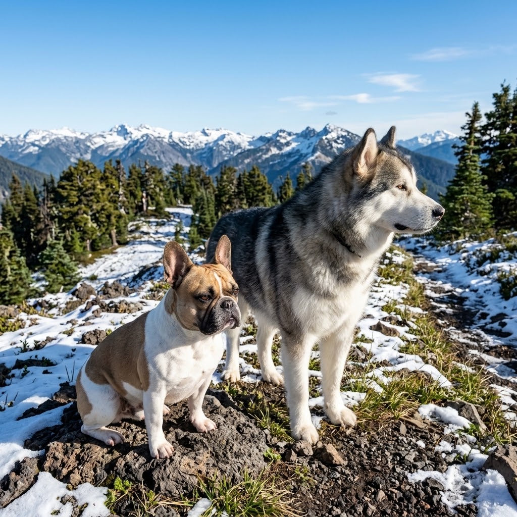 A square (1:1) photograph of a fawn and white French Bulldog and a large grey and white Alaskan Malamute sitting side-by-side on a snow-dusted mountain trail.