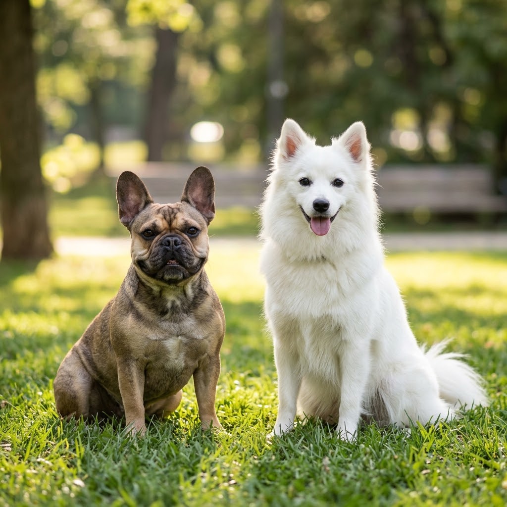 A fawn and brindle French Bulldog and a white American Eskimo Dog sitting closely together on a patch of green grass in a sunlit park.