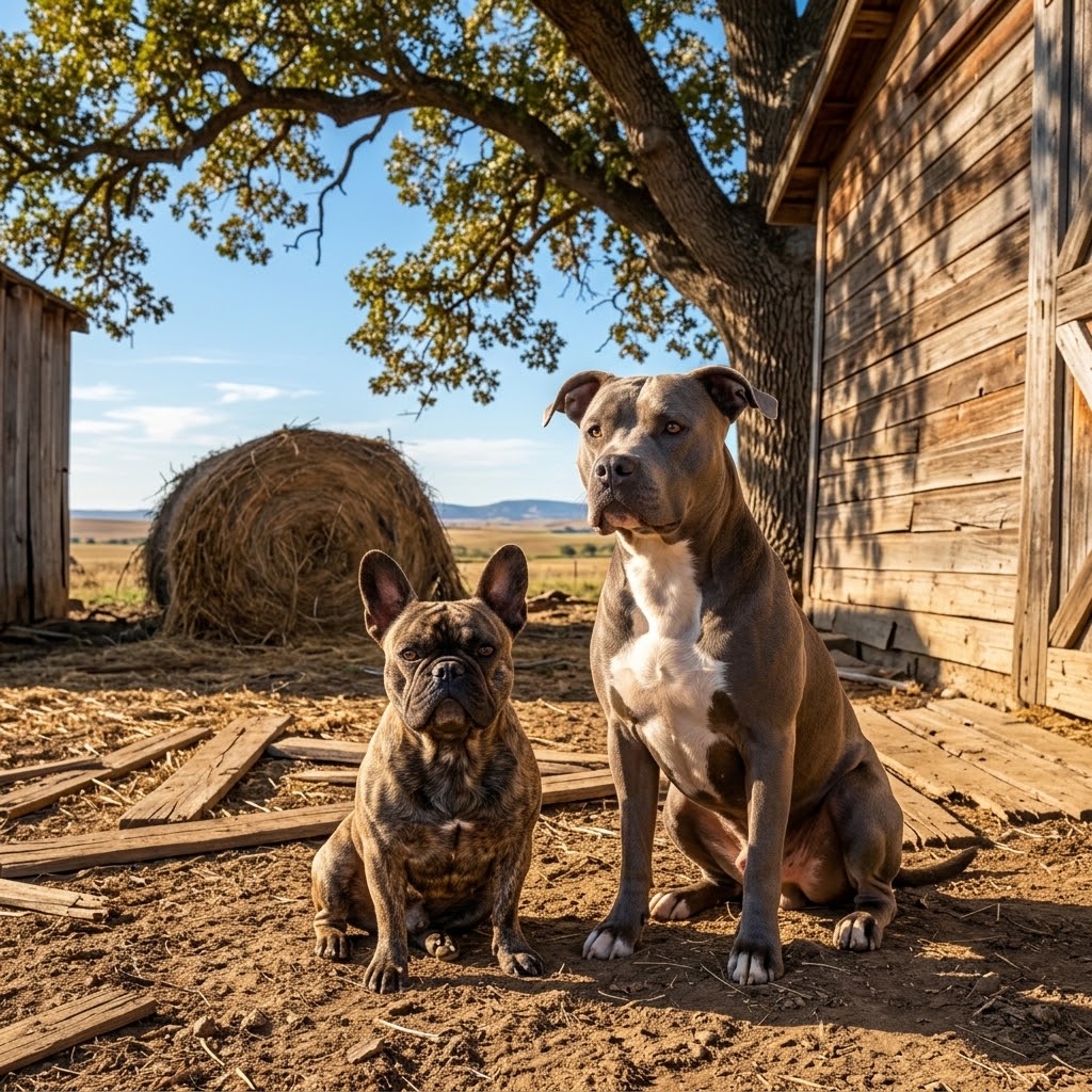 A square photograph of a brindle French Bulldog and a blue American Staffordshire Terrier sitting side-by-side in a sunlit American farmyard with a rustic barn in the background.