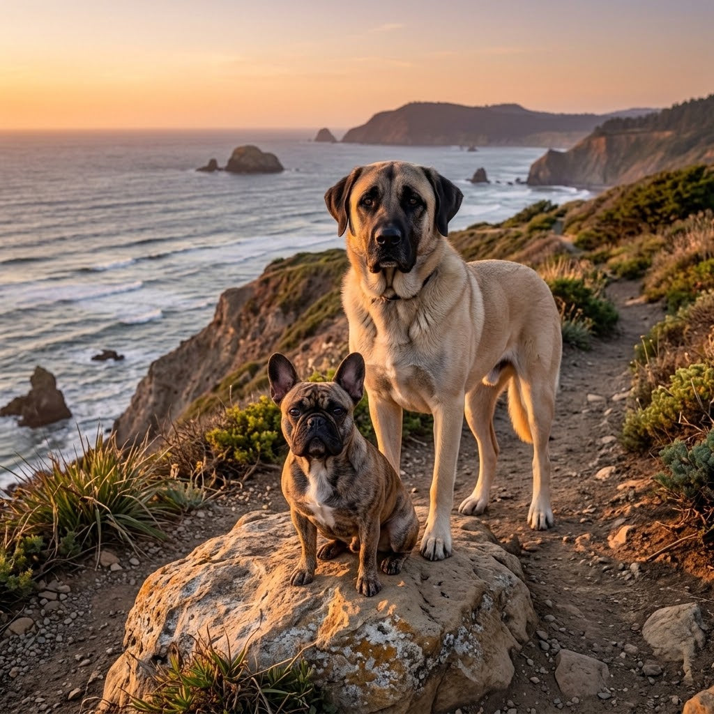 A square (1:1) photograph of a small brindle French Bulldog and a massive Anatolian Shepherd sitting on a rocky coastal cliff trail at golden hour.