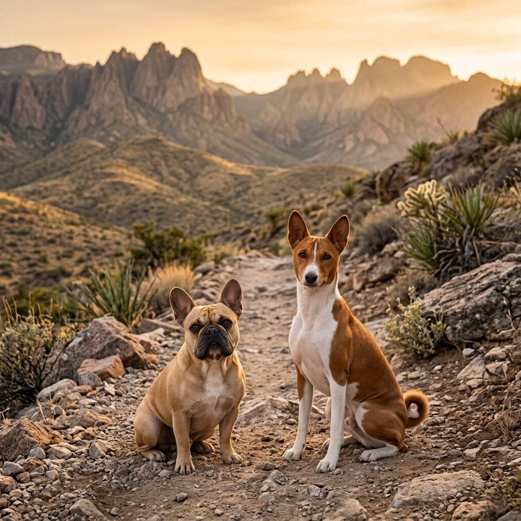 A fawn French Bulldog and a red-and-white Basenji sit side-by-side on a rocky mountain hiking trail at golden hour, looking at the camera.