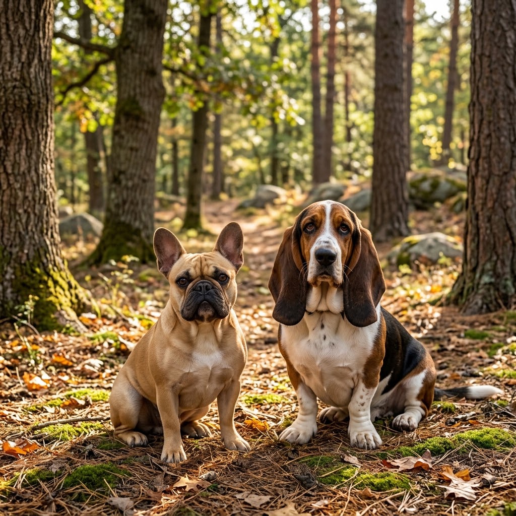 a fawn French Bulldog with distinct bat ears and a tricolor Basset Hound with long droopy ears sitting side-by-side on a forest floor covered in autumn leaves.