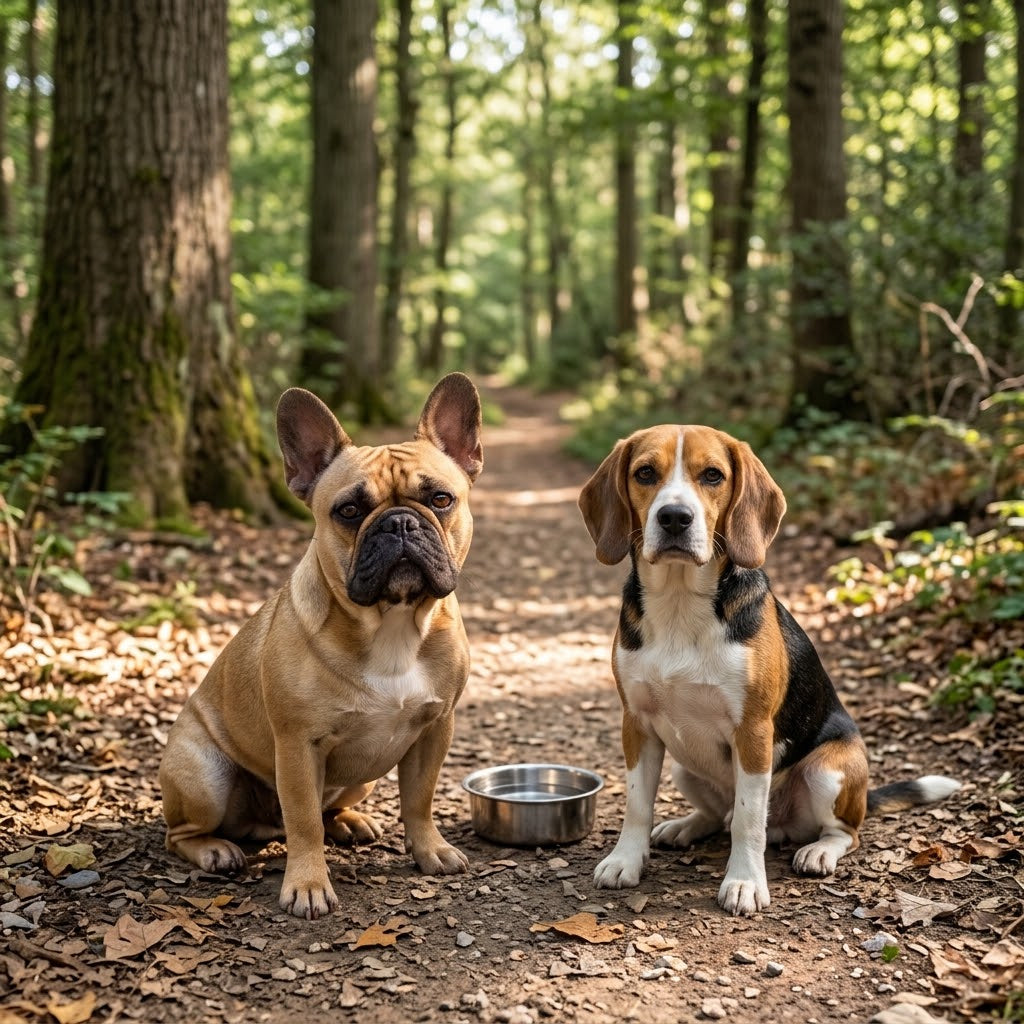 A candid, 1:1 square photograph of a fawn-colored French Bulldog and a tricolor Beagle sitting side-by-side on a sunlit forest trail.
