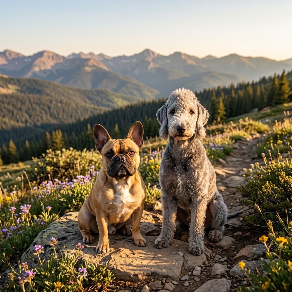 A square-format photograph taken on a rugged mountain path at golden hour. A fawn French Bulldog and a blue Bedlington Terrier are sitting side-by-side.