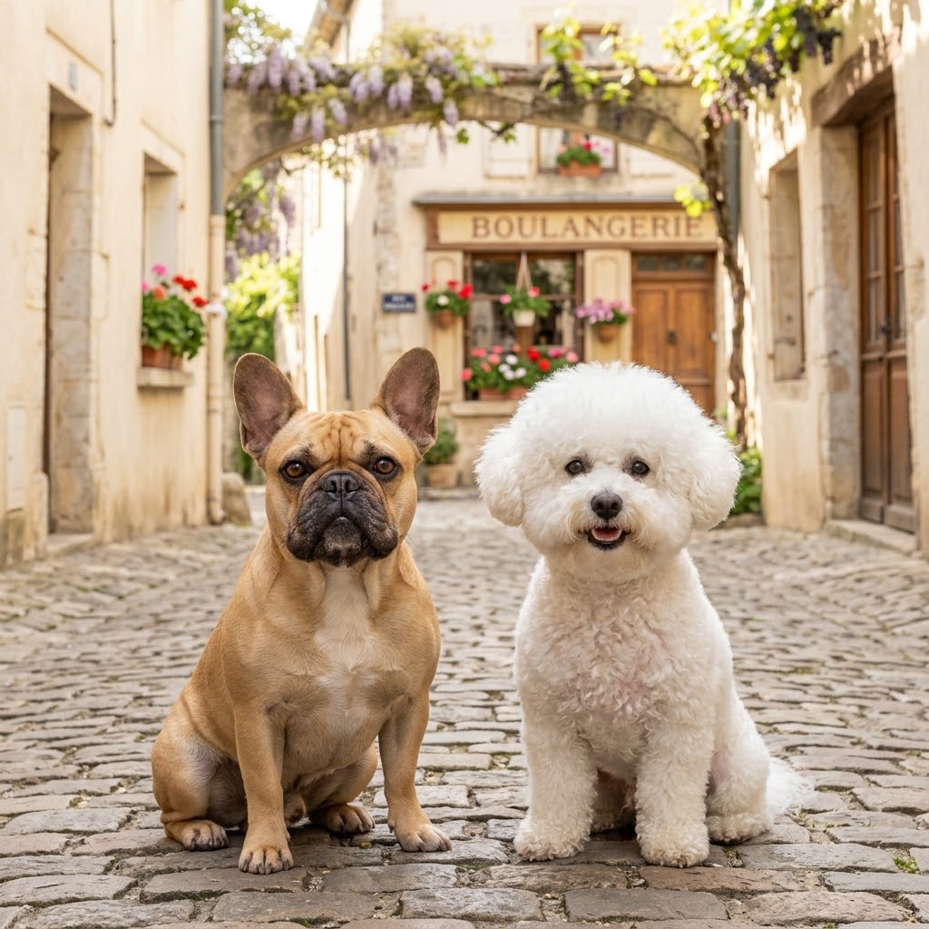 A square 1:1 photograph of a fawn French Bulldog and a white, fluffy Bichon Frise sitting together side-by-side on an old cobblestone street in a small, sunlit French village.