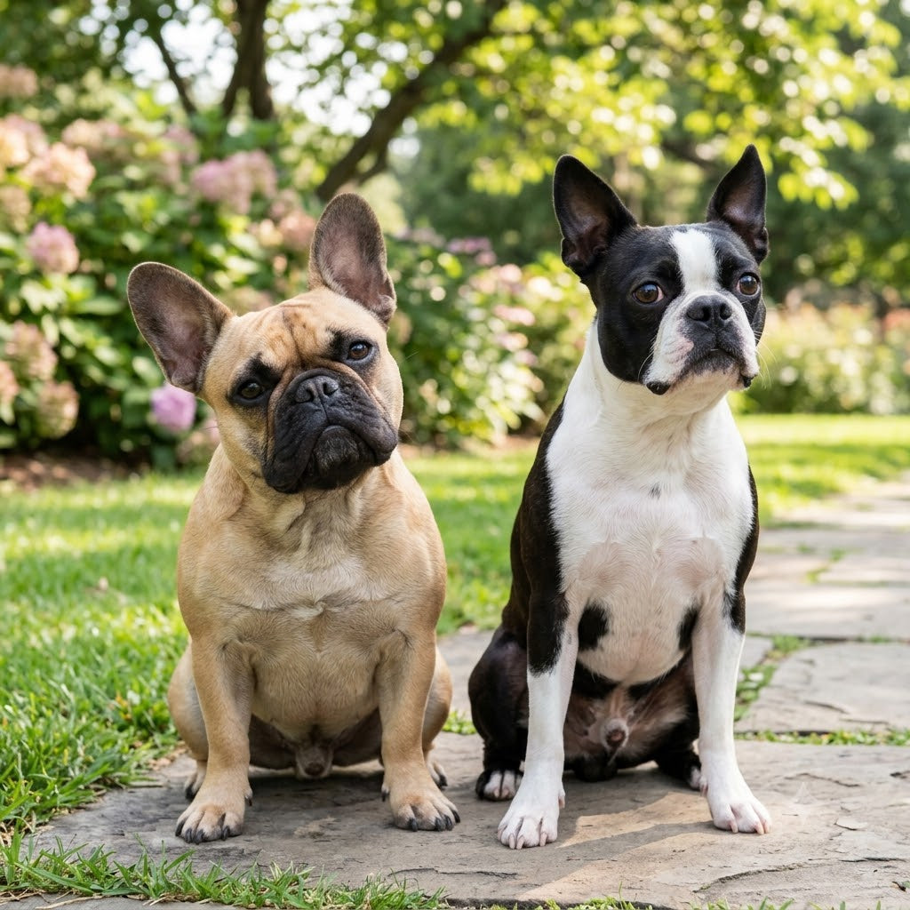 Two dogs, a fawn French Bulldog and a black and white Boston Terrier, are sitting side-by-side on a garden path made of stone pavers.