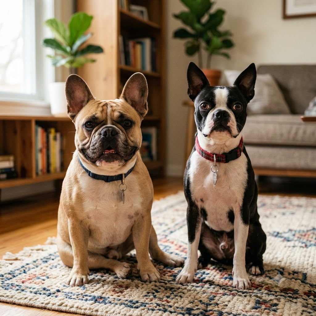 A square photograph of a fawn French Bulldog and a black-and-white Boston Terrier sitting side-by-side on a patterned rug in a bright, modern living room.