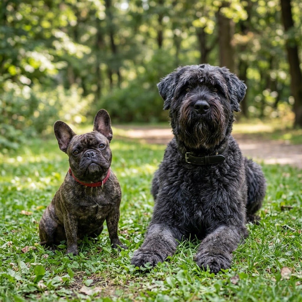 A small brindle French Bulldog wearing a red collar sits on the grass next to a large, shaggy black Bouvier des Flandres lying down, both facing the camera in a forest setting.