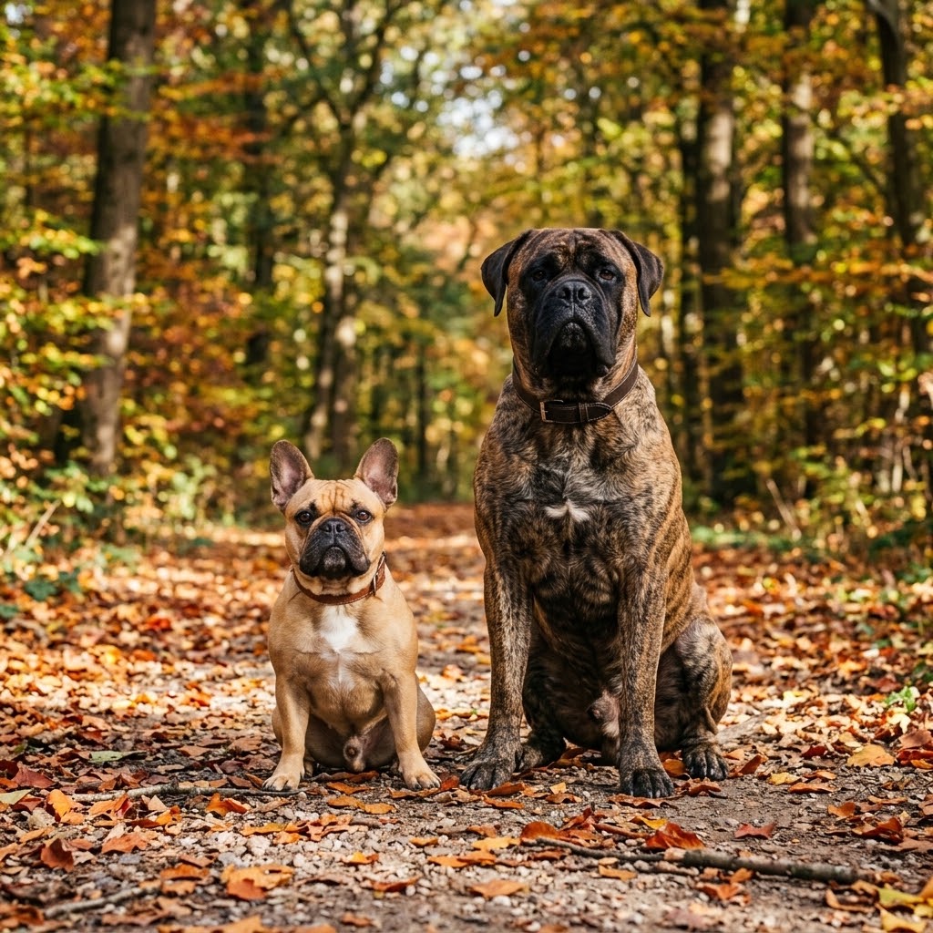 A square-format photograph capturing a compact fawn French Bulldog and a large, brindle Bullmastiff sitting side-by-side on a leaf-covered woodland path during autumn.