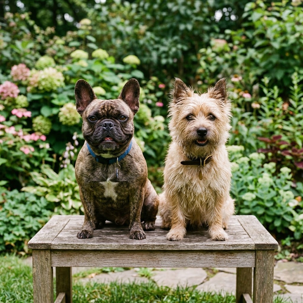 A brindle French Bulldog and a wheaten Cairn Terrier sitting together side-by-side on a weathered wooden garden bench, surrounded by lush greenery and flowers.