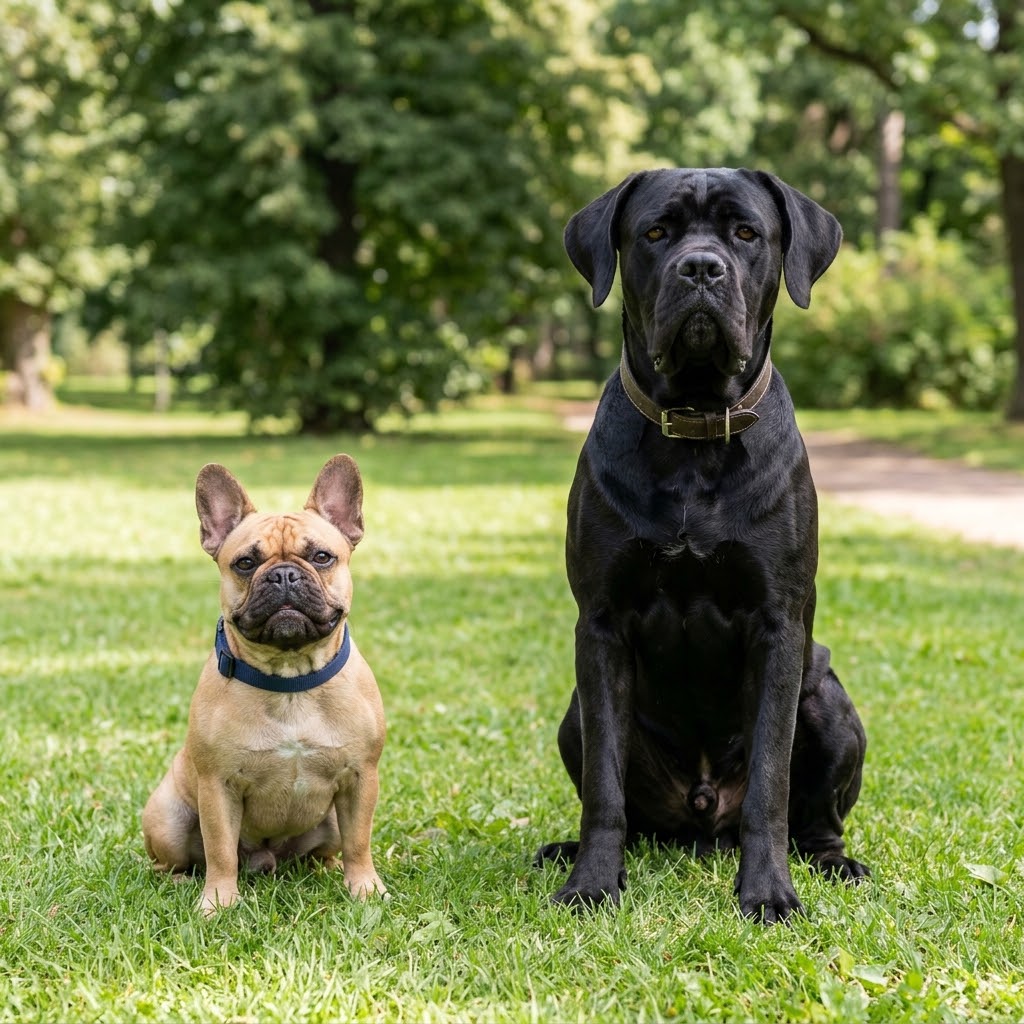 A square format photograph of a small fawn French Bulldog sitting next to a large, muscular black Cane Corso on a grassy patch in a park.