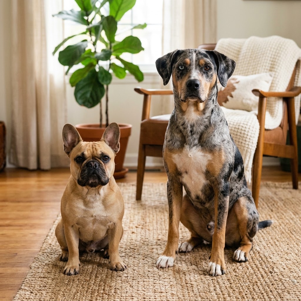 a fawn French Bulldog and a striking blue merle Catahoula Leopard Dog sitting side-by-side on a woven jute rug in a cozy, sunlit living room.