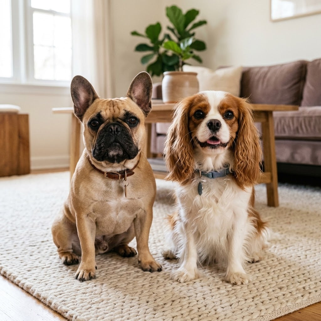 A Fawn French Bulldog and a Blenheim Cavalier King Spaniel sitting together happily on a rug in a bright, cozy living room.