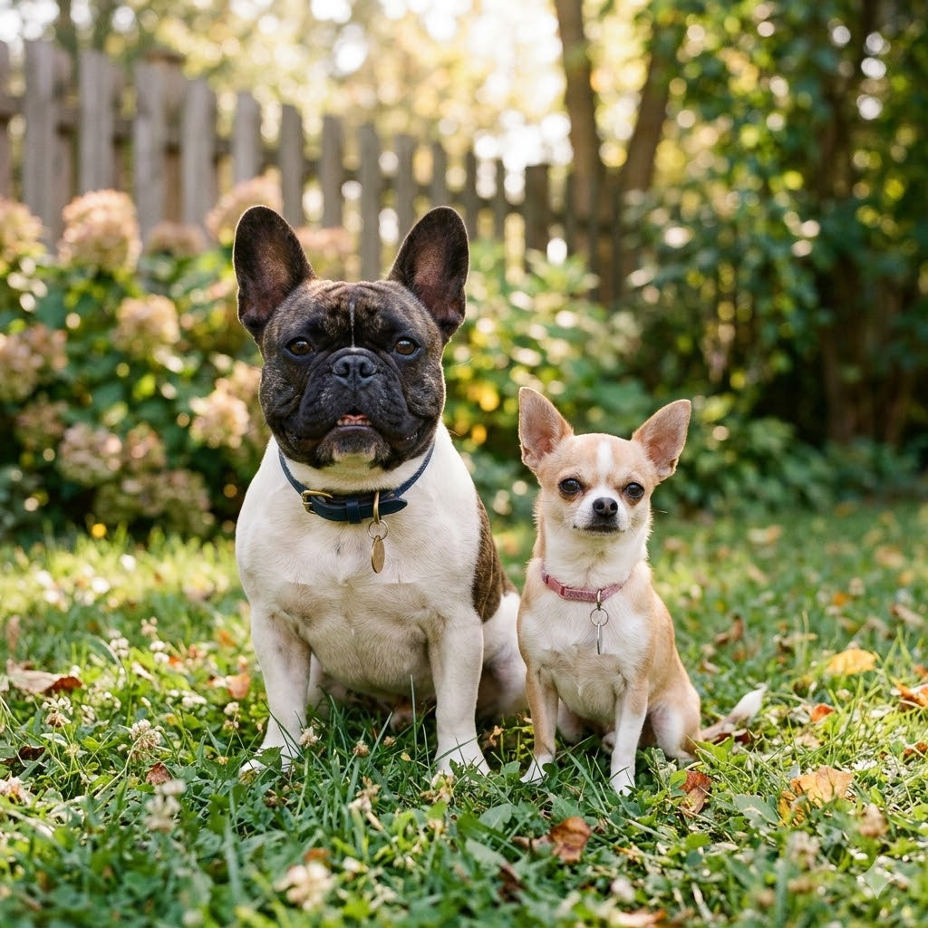 A medium shot of a brindle and white French Bulldog and a fawn and white Chihuahua sitting side-by-side on a lush grassy lawn. Both dogs are looking forward at the camera.