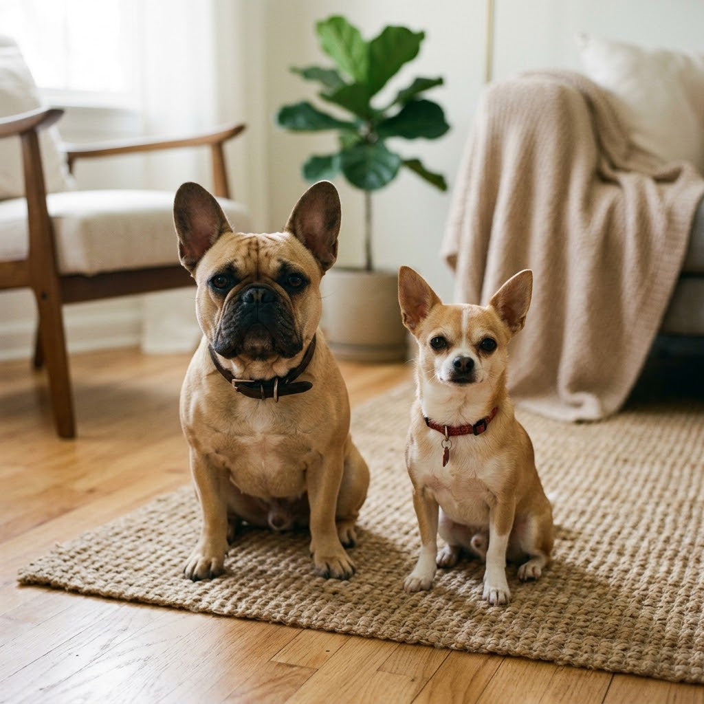 A fawn-colored French Bulldog with its distinctive bat ears is sitting attentively on a textured, woven jute rug on the left. Beside it, on the right, sits a smaller, short-coated tan and white Chihuahua.