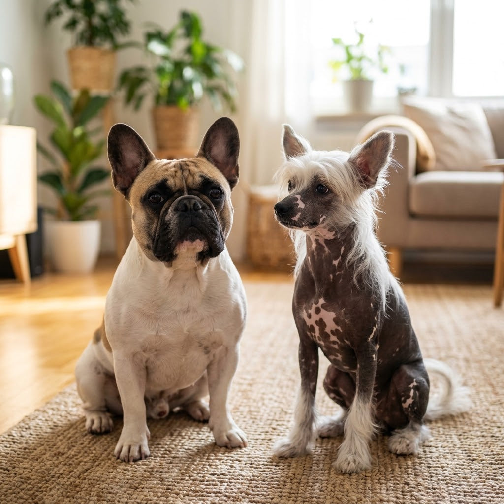 A 1:1 square photograph of a fawn and white French Bulldog and a hairless Chinese Crested dog with soft white crests of hair on its head, tail, and paws.