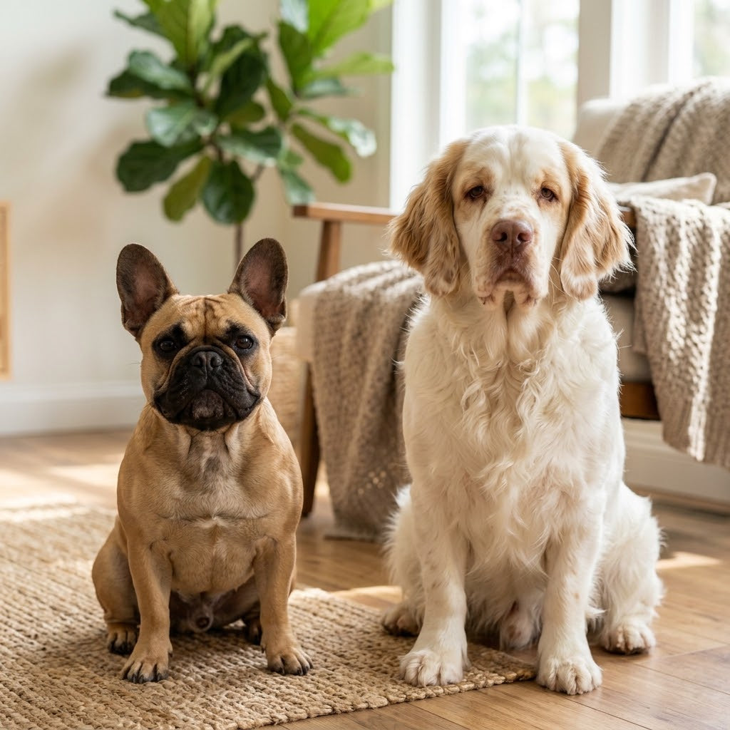 A full-body photograph of a tan French Bulldog and a white and orange Clumber Spaniel sitting side-by-side on a woven rug in a modern living room.