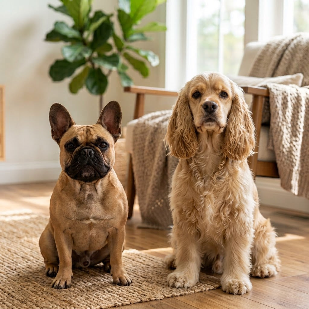 A full-body photograph of a fawn French Bulldog and a golden-buff American Cocker Spaniel sitting together on a woven jute rug in a sunlit modern living room.