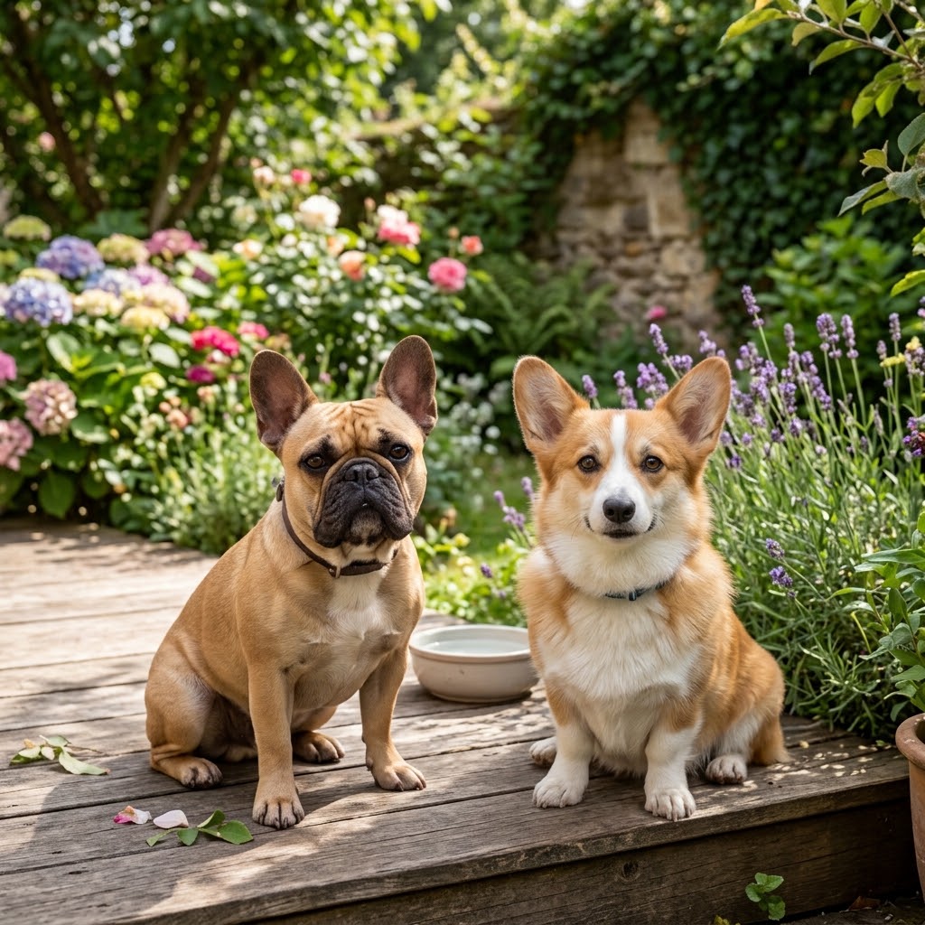 A square photograph of a fawn French Bulldog and a red and white Pembroke Welsh Corgi sitting side-by-side on a weathered wooden garden deck.