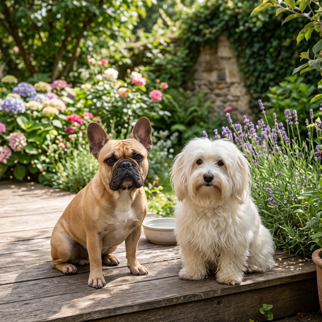 A full-body photograph of a fawn French Bulldog and a fluffy white Coton de Tulear sitting together on a weathered wooden deck.