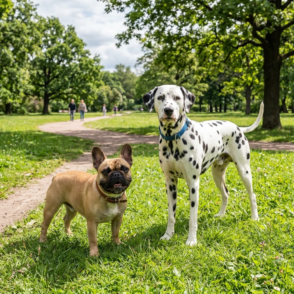 A full-body shot of a fawn-colored French Bulldog with a leather collar and a spotted Dalmatian with a blue collar standing side-by-side on a green grassy lawn in a tree-filled park on a sunny day.