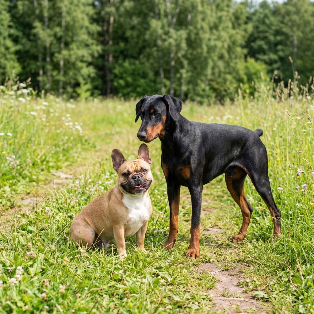 A French Bulldog and a Doberman Pinscher standing together in a grassy field.