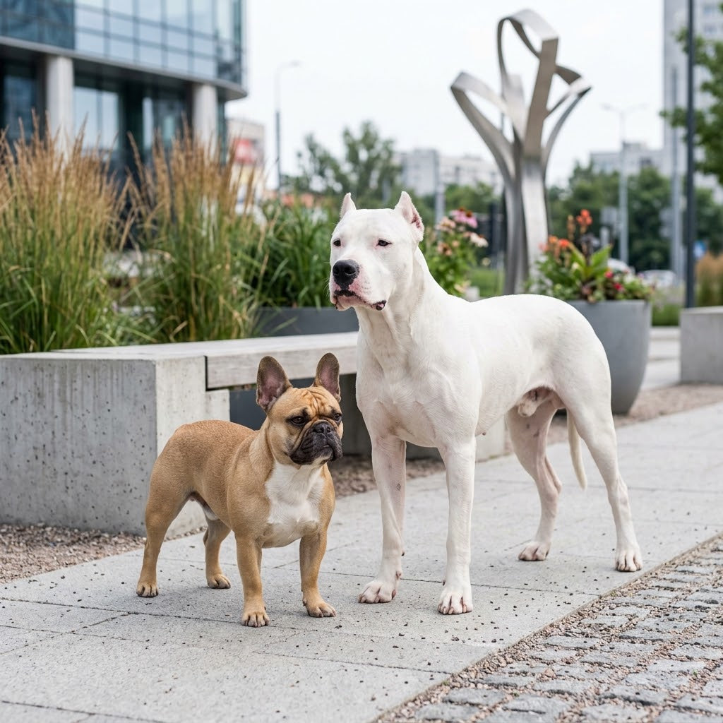 A square-cropped photograph of a Dogo Argentino (large, all-white mastiff-type) standing beside a fawn-colored French Bulldog.