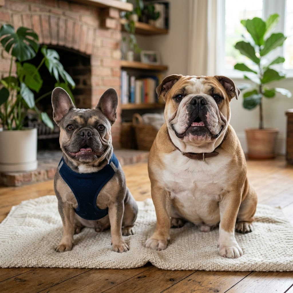 A blue fawn French Bulldog wearing a blue harness and a fawn and white English Bulldog with a leather collar sit side-by-side on a white knit rug