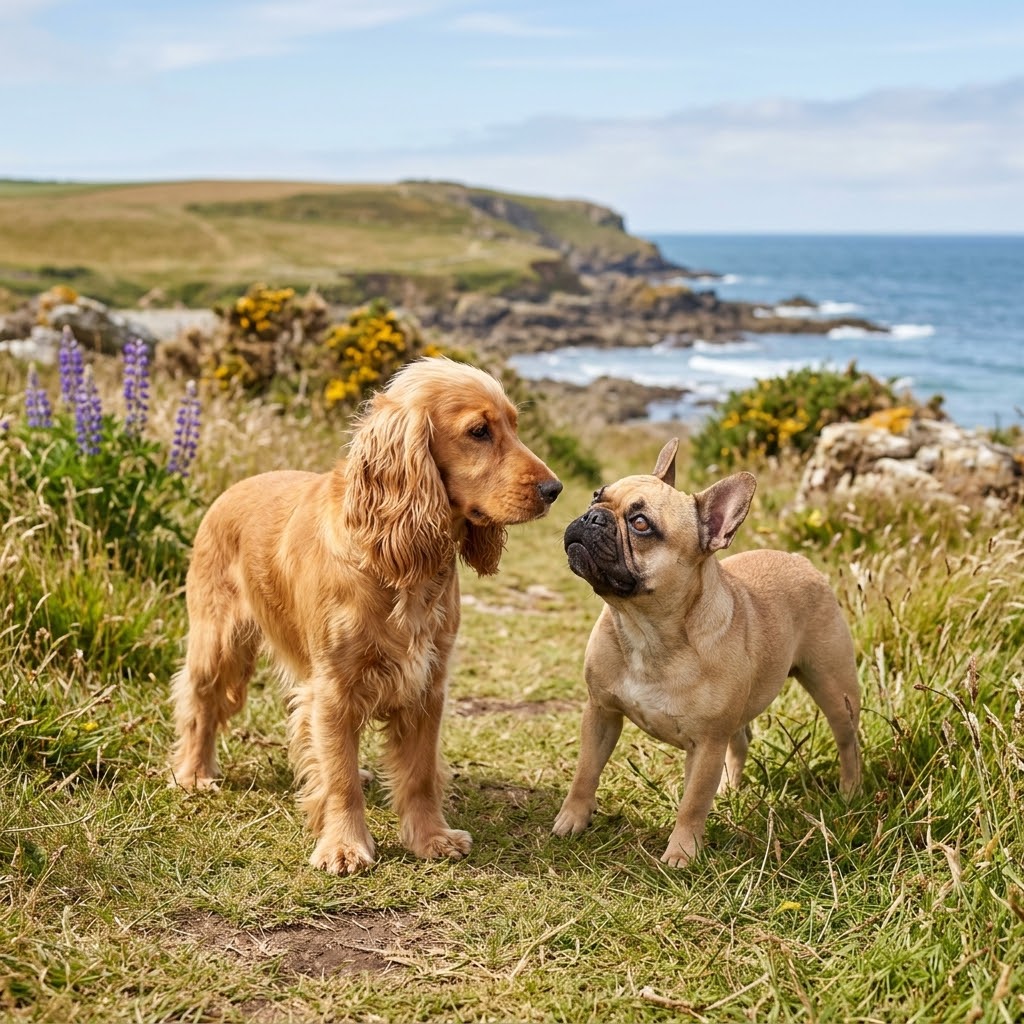 A square-cropped, sunlit photograph capturing a playful encounter between a fawn French Bulldog and a golden English Cocker Spaniel.