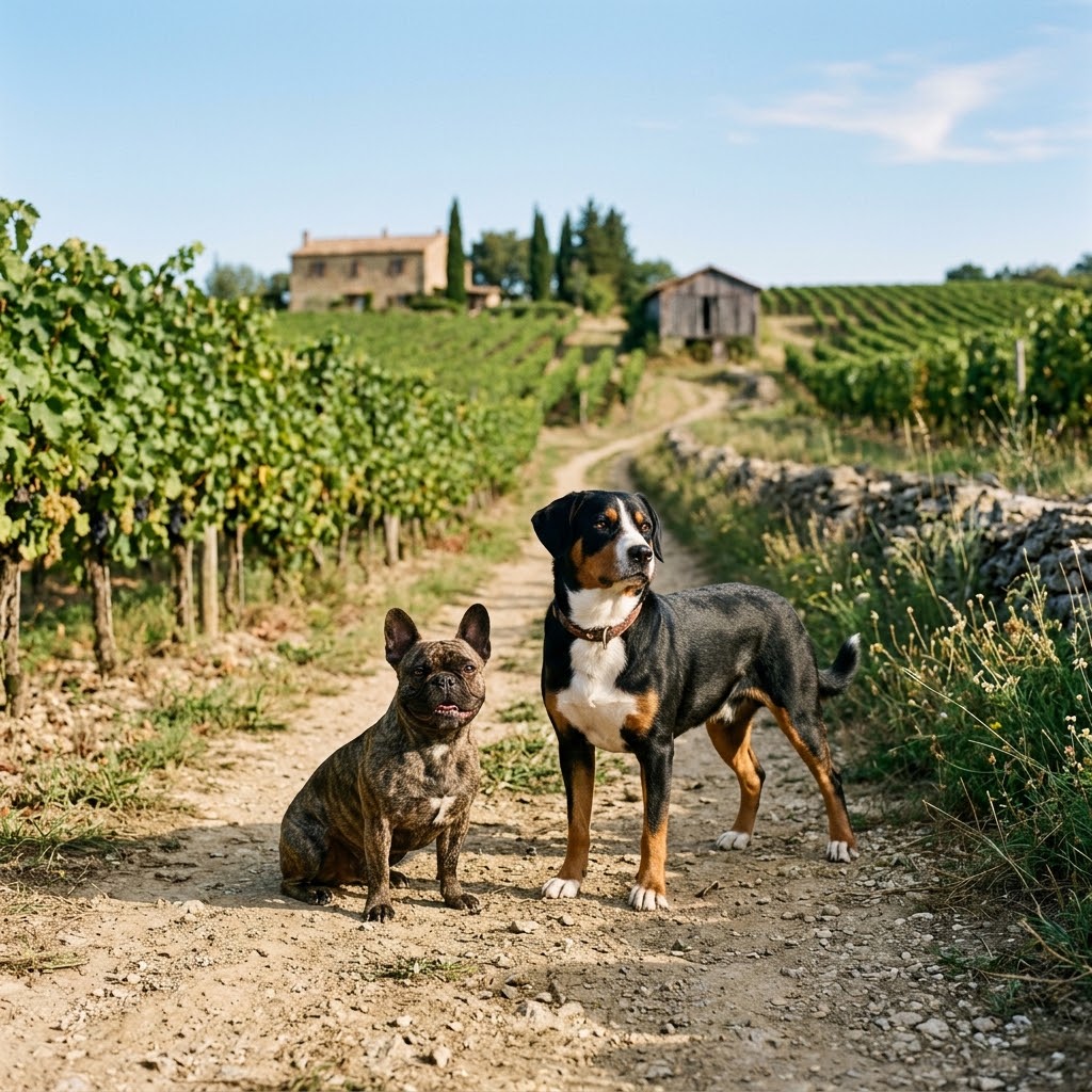 A square-format photograph of a brindle French Bulldog and a tricolor Entlebucher Sennenhund standing together on a sunlit dirt path in a European vineyard.
